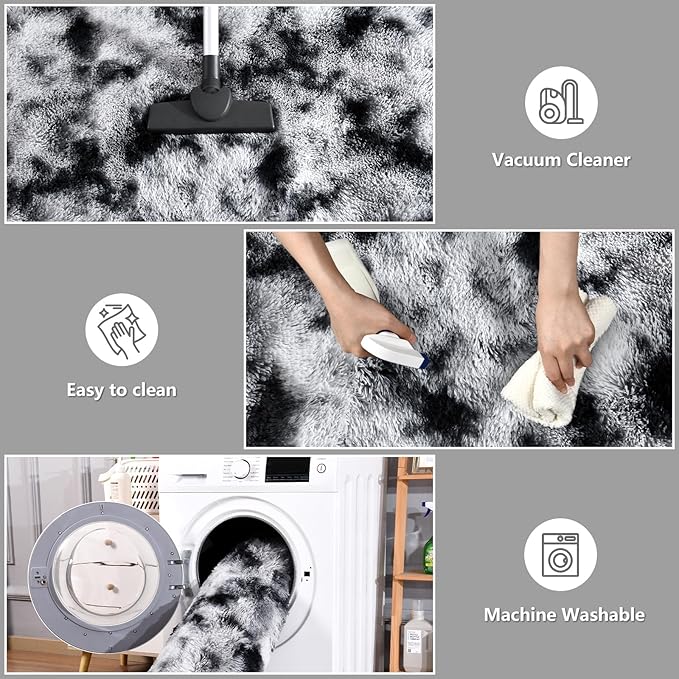 DweIke Fluffy Tie-Dyed Black White Rugs for Bedroom Living Room, 5x8 Large Soft Plush Shaggy Dark Girls Boys Kids Rug, Upgraded Non-Slip and Machine Washable Carpet for Dorm Nursery Classroom Decor