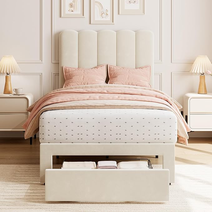 GarveeHome 2 Sets Twin Bed Frame with Under-Bed Drawer, Upholstered Platform Bed with Wave Headboard for Kids/Girls, Wooden Slats Support, No Box Spring Needed, Velvet Beige