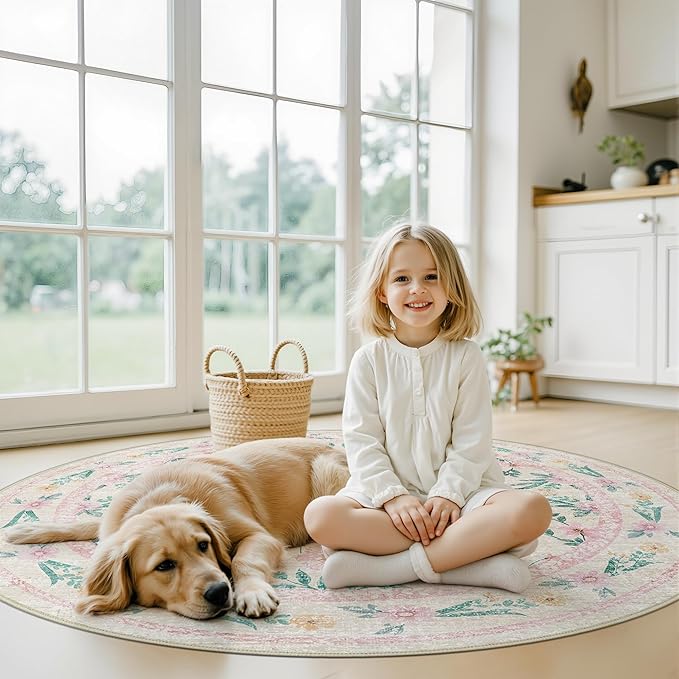 Pink Floral Round Rug 5ft, Washable Boho Circle Area Rug for Girls Bedroom, Soft Non-Slip Botanical Carpet for Nursery, Kids Room, or Living Room