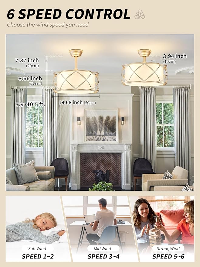 20" Gold Fandelier Ceiling Fan with Light, Fabric Boho Chandelier Ceiling Fans with Lights Remote Control, Mid-Century Modern Caged with 6 Speeds for Bedroom, Nursery