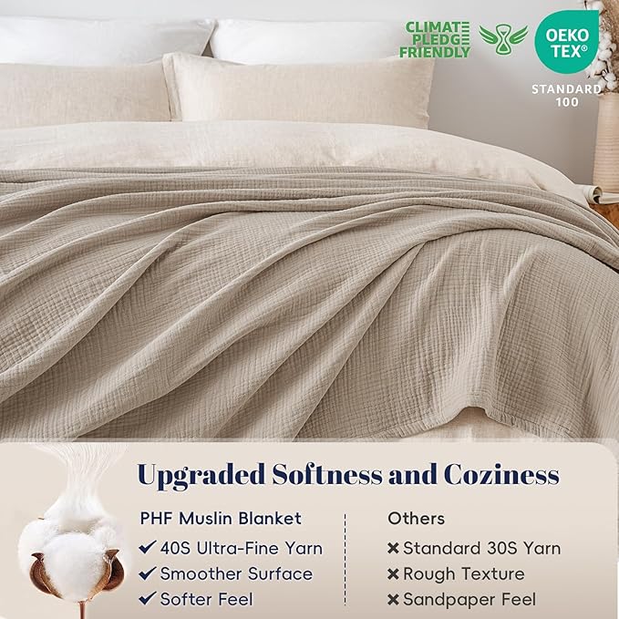 PHF 100% Cotton Muslin Blanket King Size 108"x90", 4-Layer Lightweight Gauze Throw, Breathable Cloud-Soft Minimalist Blanket for Bed, Couch, Camping & Baby, Taupe, Ideal Gift