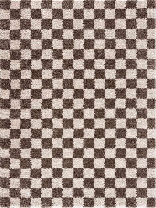 BoutiqueRugs Canika Modern Checkered Shag Rug - High Pile Fluffy Shaggy Carpet for Hallway, Nursery, Playroom, Girls Boys Room - Machine Washable - Peach, Dark Brown - 7'10" x 10' (8x10)