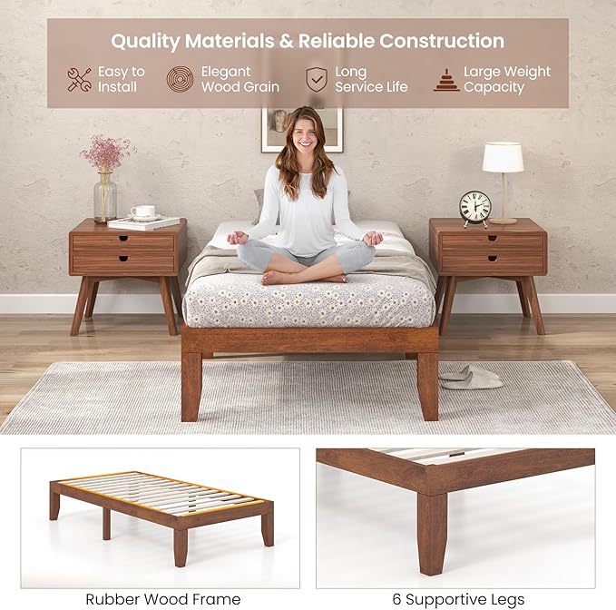 KOMFOTT 14 Inches Wood Platform Bed Frame Twin Size, Wooden Mattress Foundation with Rubber Wood Frame, Strong Wooden Slat Support, No Box Spring Needed, Bed Frame (Brown Cherry)