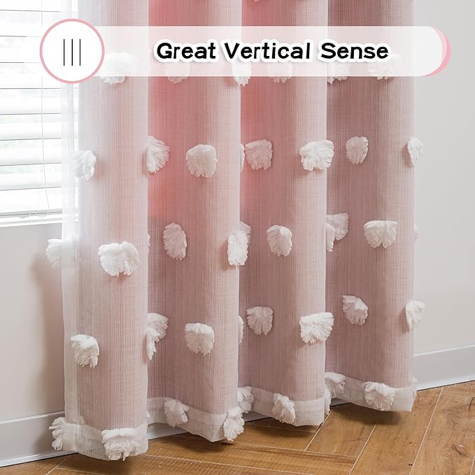 MYSKY HOME Pink Curtains for Girls Bedroom Nursery Curtain Double Layer White Pom Pom Sheer Window Panels for Kids Room Back Tab Room Darkening Window Drapes 63 Inches Length, W52 X L63, 2 Pieces