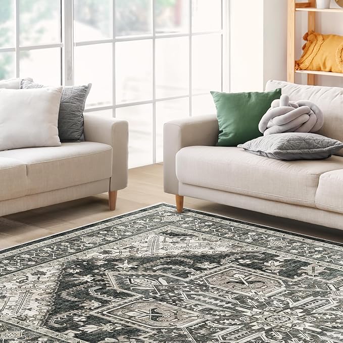 WITSHOCK Living Room Area Rugs 8x10: Washable Rug Boho Soft Non-Slip Low Pile Stain Resistant Foldable Carpet for Bedroom Playroom Dining Room Office Kitchen Farmhouse Home Decor Rug-Bitter Black
