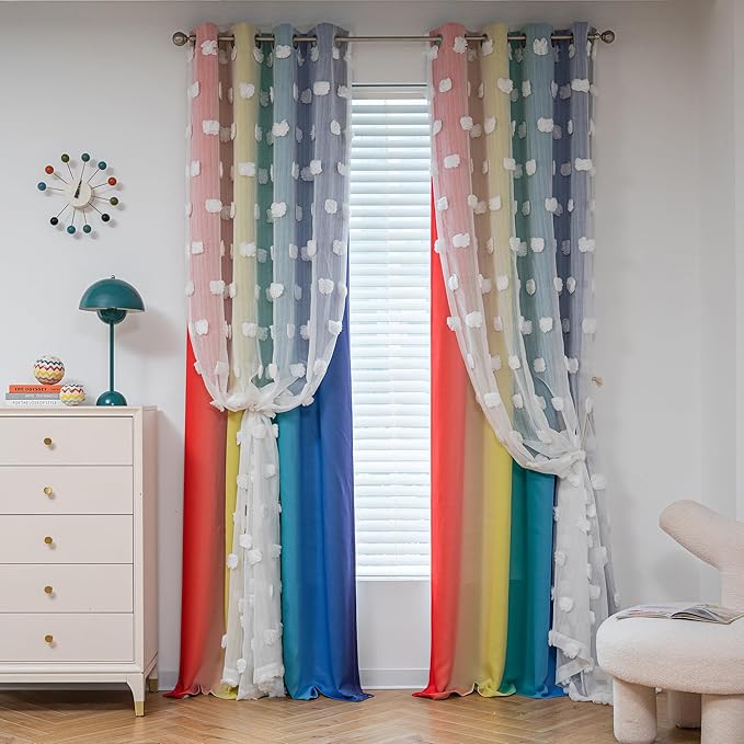 MYSKY HOME 95 Inch Long Rainbow Curtains for Girls Bedroom & Living Room - Double Layer Ombre, White Pom Pom, Blackout Sheer, Room Darkening Grommet Window Panels (2 Pieces, 52 x 95 in)