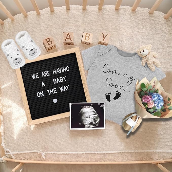 9 Pcs Pregnancy Announcements Set, Include Felt Letter Board Baby Bodysuit Shoes and Wooden Sign Surprise Announcement for Grandparents Partner Gift Family Reveal(Grey Coming soon-white shoe)