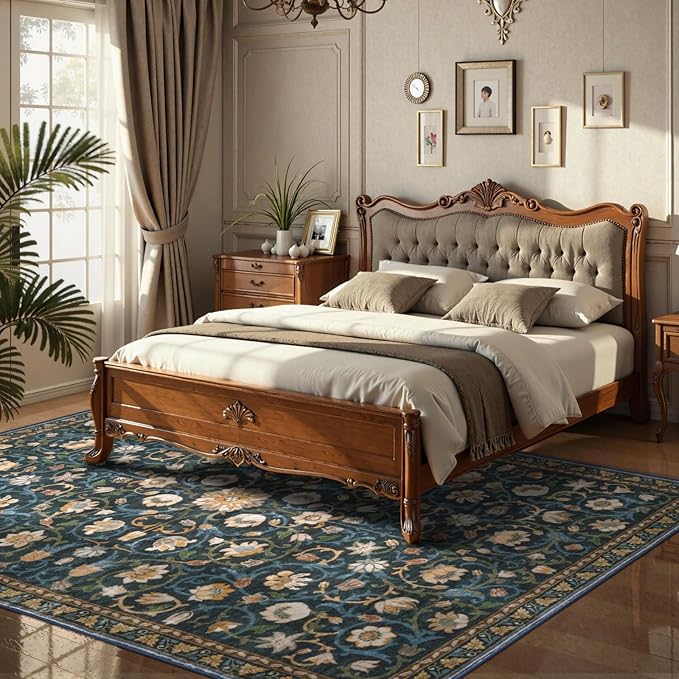 Anidaroel Floral Living Room Rugs 8x10, Washable Large Area Rug for Dining Room Soft Boho Bedroom Rug, Vintage Dark Green Carpet Low Pile Stain Resistant Floor Carpet for Home Office