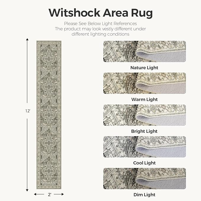 WITSHOCK Extra Long Runner Rug for Hallway 2x12: Washable Vintage Boho Low Pile Stain Resistant Foldable Carpet for Bedroom Kitchen Entryway Indoor Entrance Distressed Farmhouse Decor, Brown/Lvory
