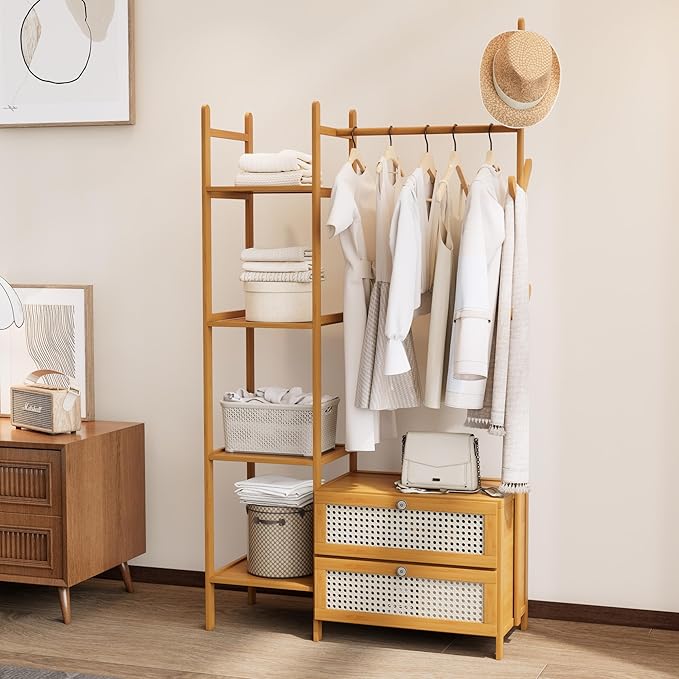 Bamboo Clothes Rack,Garment Rack with Drawers and Shelves,5 Tier Storage Shelves with 6 Hanging Hooks,Wardrobe Closet for Entryway Guestroom Kids Bedroom (31.5inch Width Natural with Rattan Door)