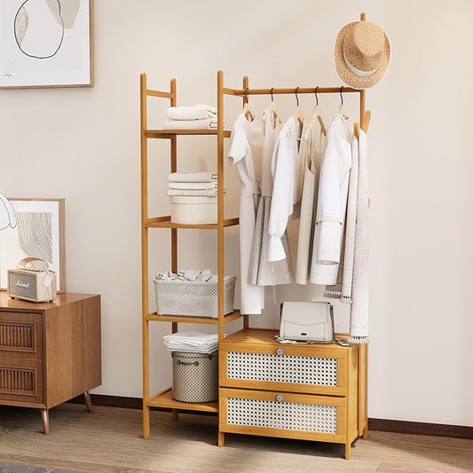 Bamboo Clothes Rack,Garment Rack with Drawers and Shelves,5 Tier Storage Shelves with 6 Hanging Hooks,Wardrobe Closet for Entryway Guestroom Kids Bedroom (31.5inch Width Natural with Rattan Door)