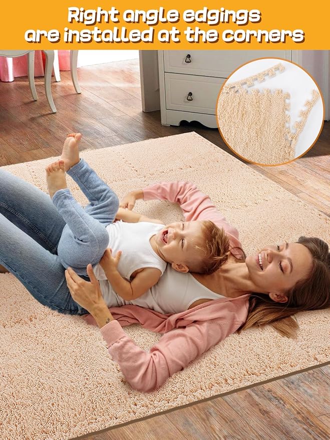 12 pcs Thickened Plush Foam Interlocking Floor Mat, Interlocking Foam Tiles with Edgings for Kids, Soft Anti-Slip Puzzle Area Square Rug Playmat for Children Room Bedroom(11.8", Light Brown)
