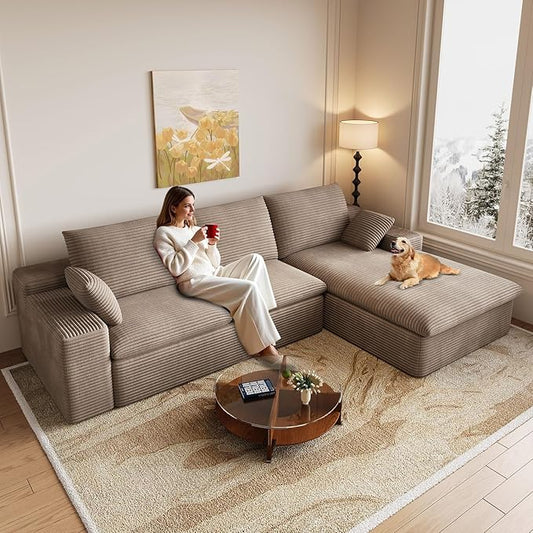 Cloud Sectional Couch,107 Inch Modular Sectional Sofa with Deep Seat, Modern Corduroy Boneless Couches with L-Shape Chaise for Living Room Bedroom, No Assembly Required (Camel, Right Facing Chaise)