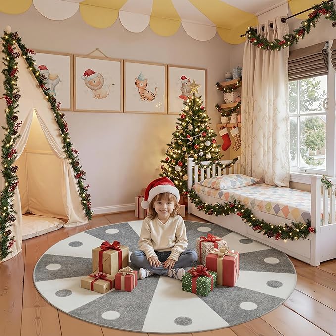 jinchan 5ft Round Rug Grey Washable Fun Cute Playroom Mat Non Slip Cheerful Circle Cool Rug Soft Cozy Low-Profile Gray Playful Carousel Throw Carpet for Kids Gift Teens Dorm Entryway Bedroom
