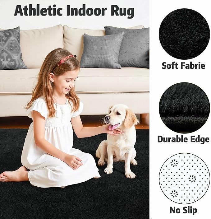 Chicrug 7x10 Minimalist Washable Area Rugs for Bedroom Living Room Classroom, Modern Soft Memory Foam Rug for Kids Nursery, Low Plie Indoor Carpet for Dorm Dining Office Bedside Room Decor, Black