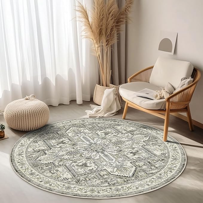 WITSHOCK Area Rug Round Rugs, 4Ft Oriental Circle Area Rugs for Living Room Machine Washable Non Slip Stain Backing Rug Soft Foldable, Vintage Rugs Home Office Kitchen Hallway Bedroom, Brown Lvory