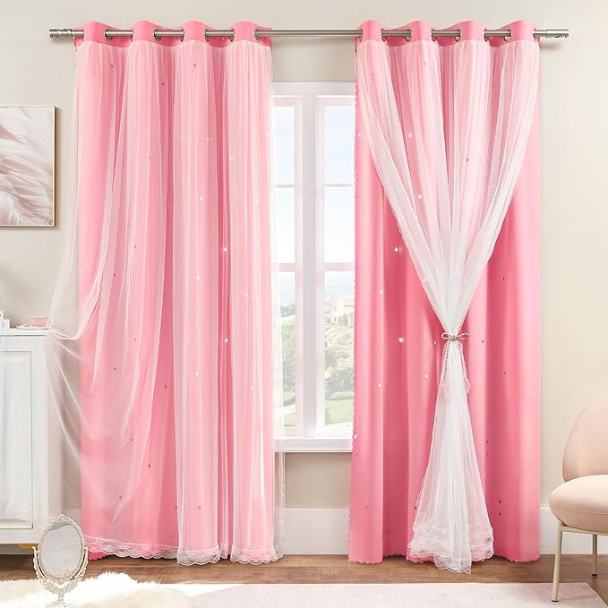 XiDi Pink Curtains for Girls Bedroom 84 Inches Long Blackout Nursery Curtains Double Layer with Sheer Overlay for Kids Toddler Princess Room Grommet Privacy Room Darkening Window Drapes 52x84 Inches