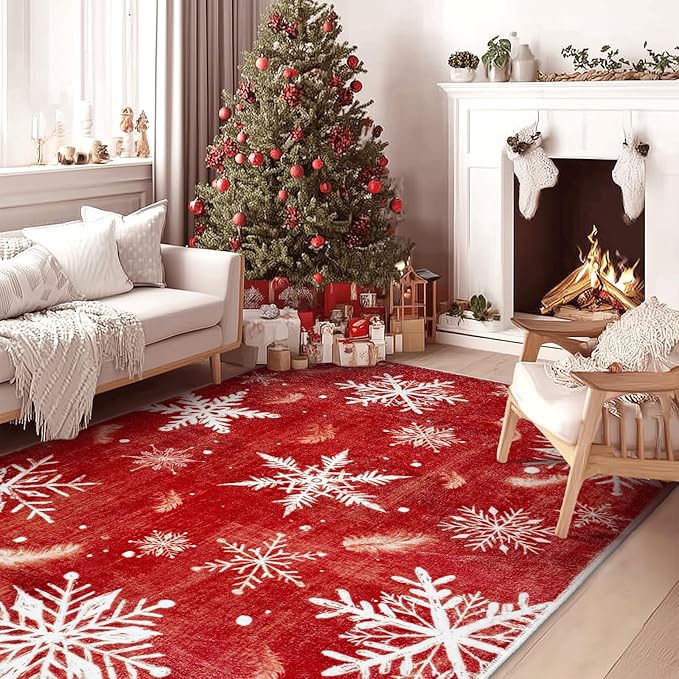 5x7 Machine Washable Christmas Area Rug, Non-Slip Floor Rugs for Kids, Low Pile Room Carpet for Living Room, Bedroom, Dining Room & Nursery(5x7 Snowflake)