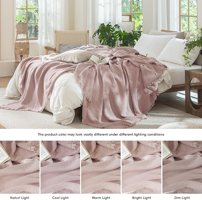 MooMee Muslin Blanket - 100% Cotton 4-Layer Gauze Throw Blanket with All-Around Fringe Ultra-Soft Breathable Lightweight Cooling for Bed Couch (Greyish Pink,Throw XL 50" x 70")