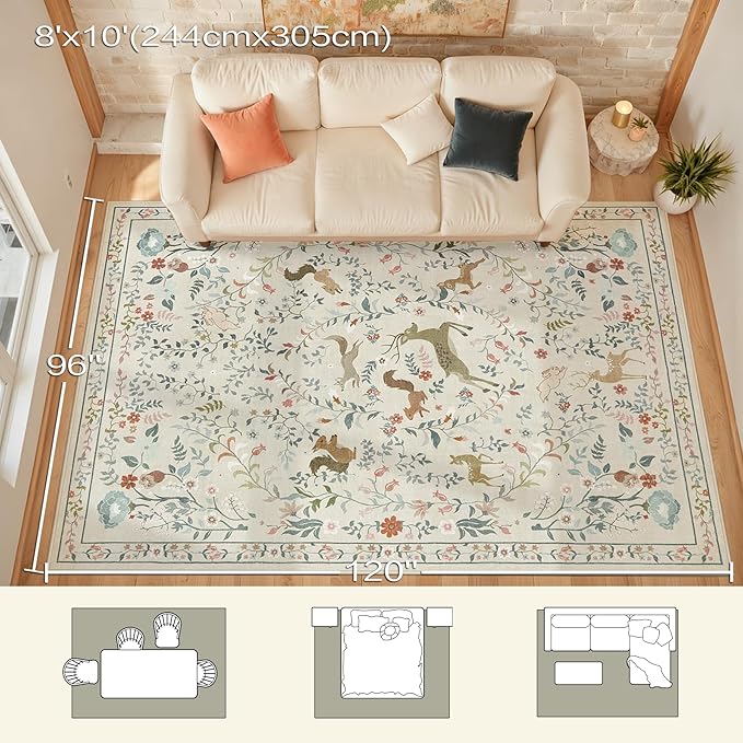 8x10 Area Rugs for Living Room Floral Animal Print Carpet Washable Non-Slip Large Rug Low Pile for Indoor Bedroom Dining Room Nursery Home Office Farmhouse Kids Play Room Beige