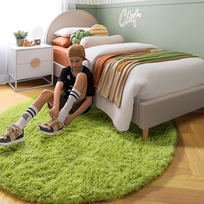 Amdrebio Grass Green Round Area Rug 7Ft for Living Room Bedroom Decor Aesthetic, Large Fluffy Shaggy Fuzzy Circle Rugs for Baby Nursery Kids Playroom, Big Soft Shag Floor Circular Modern Cool Carpet