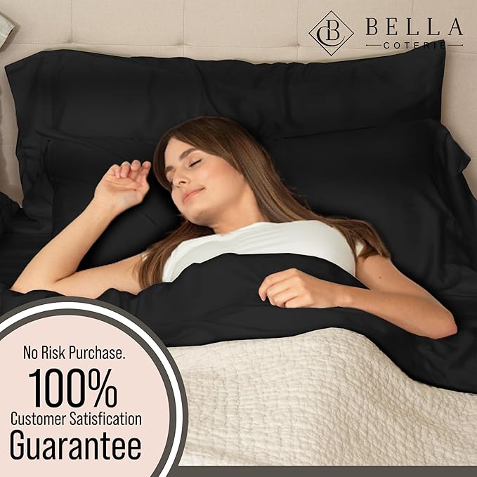 Bella Coterie 6 Piece Luxury Bamboo Viscose Split Top King Size Sheet Set | 34" Split for Adjustable Beds | 100% Organically Grown| Cooling | 18” Deep Pocket | 4 Pillowcases [Black]
