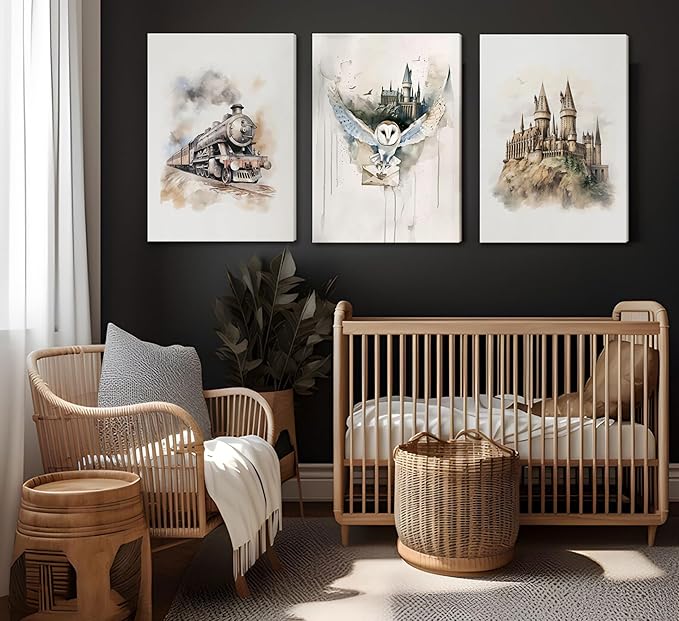 3pcs Magic Nursery Canvas Wall Art Express Train Owl Magic Castle Painting Picture Wall Decor Neutral Watercolor Poster Print Artwork For Kids' Baby Nursery Living Room Decoration Framed