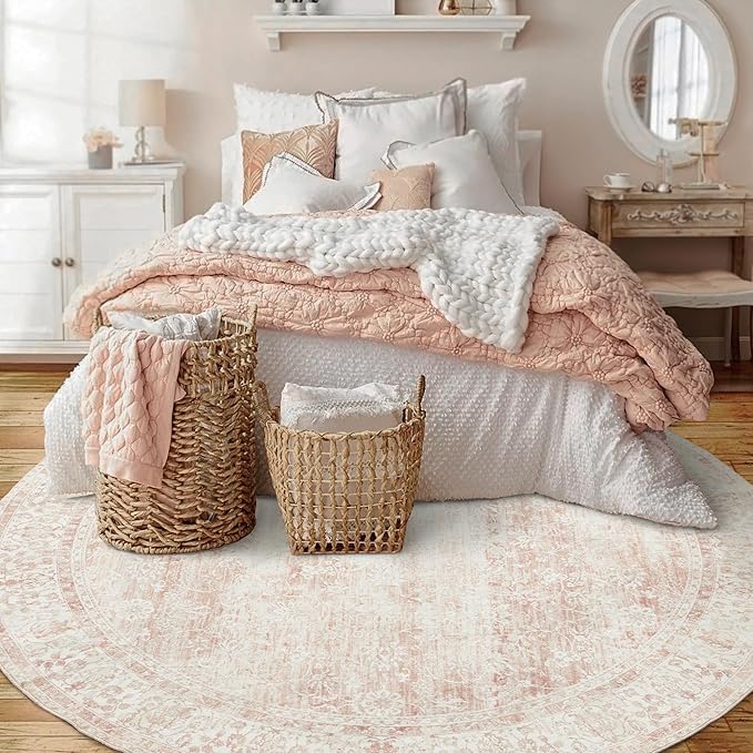 5ft Round Rug Washable Area Rug Vintage Indoor Floor Cover Floral Print Blush Pink Circle Carpet 5' Round Kitchen Living Room Bedroom Dining Room