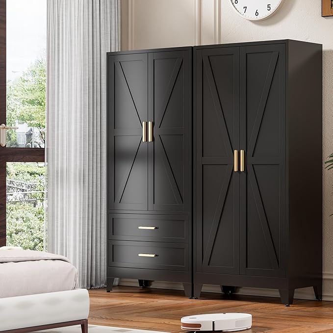 71'' Farmhouse Metal Wardrobe Cabinet with Hanging Rod, 2 Barn Door Wardrobe Closet with 5 Adjustable Shelves,Drawer,for Dining Room,Bedroom,Living Room, Cloak Room,Office (Black)