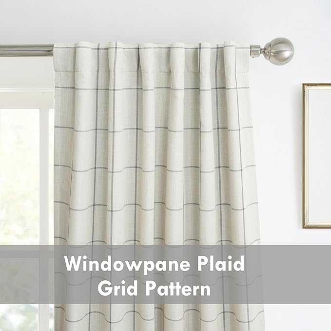 DriftAway 2 Panels 100% Blackout Windowpane Plaid Linen Curtains Double Layer Drapes for Bedroom 84 Inches Long Farmhouse Thermal Insulated 3.25 Inch Rod Pocket Back Tab for Living Room Gray