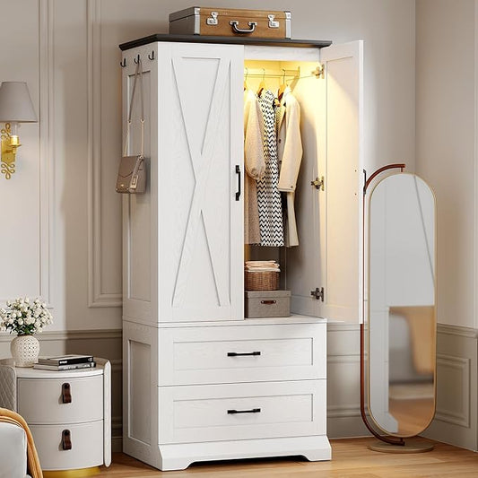 LIKIMIO Armoire Wardrobe Closet 70.9" H, Bedroom Wooden Wardrobe with 2 Doors, 2 Drawers and Sensor Light, Clothing Storage Cabinet Organizer Combination with Hanging Rod, Hooks, White