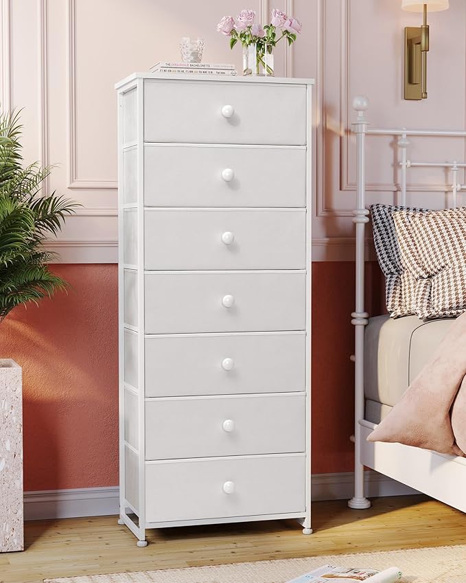 Crestlive Products Tall Dresser, 7-Drawer Fabric Storage Tower, Chests of Drawers - Vertical Organizer Unit for Bedroom, Hallway, Entryway, Nursery, Closets - Steel Frame, Wood Top & Handles (White)