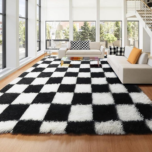 KICMOR Rugs for Living Room 7x10 Area Rug, Black and White Large Fluffy Shag Shaggy Fuzzy Checkered Bedroom Carpet, Indoor Soft Plush Big Rug for Kids Boys Girls Dorm Nursery Home Decor Aesthetic