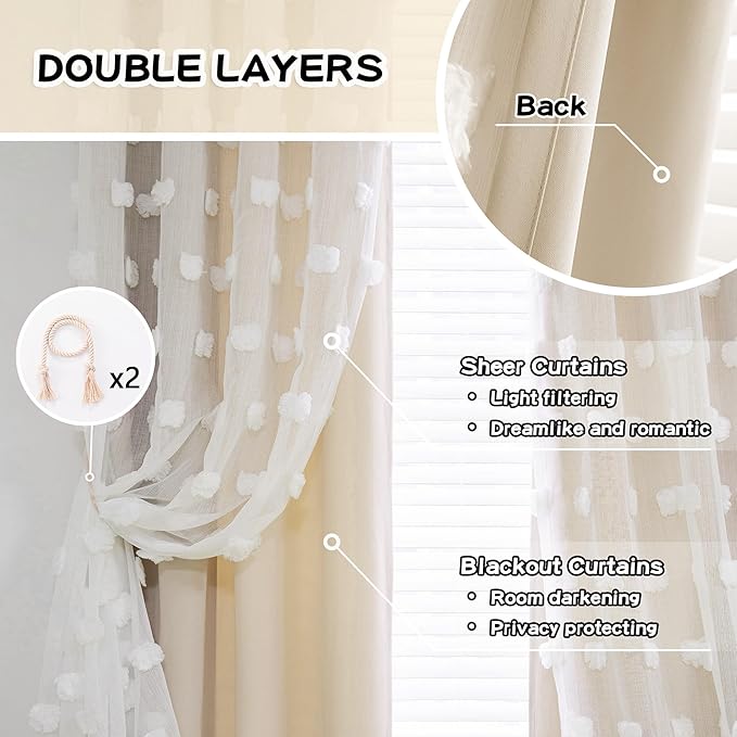 MYSKY HOME Kids Curtains for Girls Bedroom Double Layer Curtain for Daughter Room 72 Inches Long Pom Pom Sheer Drapes Beige Curtains for Living Room Grommet Room Darkening Panels W52 X L72