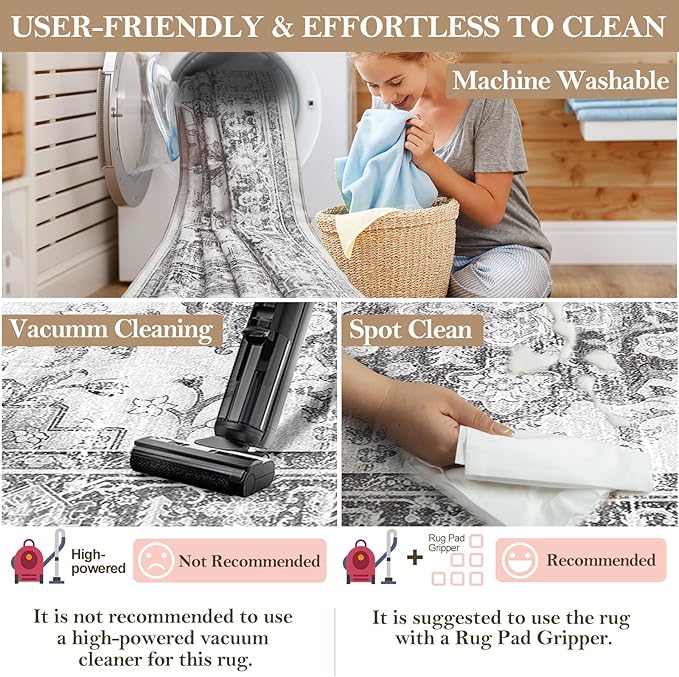 Machine Washable Rugs Nursery Rug 8x10 Area Rugs Girl Non Slip Low Pile Water Repellent Soft Print Pattern for Bedroom Indoor Decor Kids Playroom Blackgray