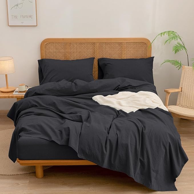 BESTOUCH Sheet Set 100% Washed Cotton Linen Feel Super Soft Comfortable Chic Lightweight 3 Pcs Home Bedding Set Solid Deep Black Twin