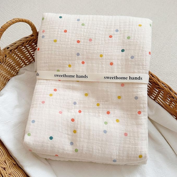 BuLuTu Muslin Blankets for Toddler Baby Boys Girls 100% Cotton Toddler Quilt Baby Blanket Reversible Nursery Crib Blanket, Soft Breathable, Colorful Dots Pattern, 47"x51"