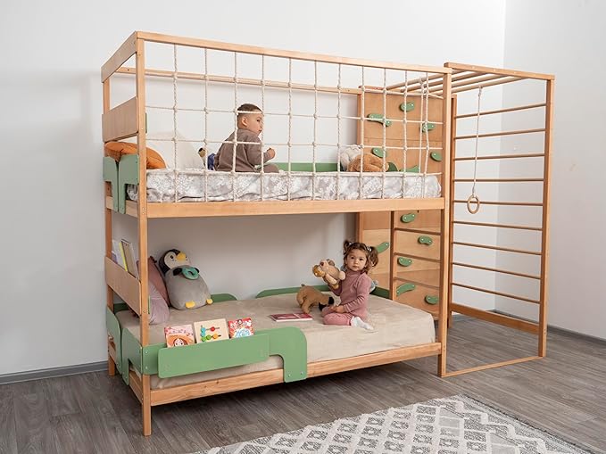 BUSY WOOD Montessori Floor Twin Bed with Rails - Smart Kids Bunk Twin Bedframe with Storage - Gym Complex for Kids - Jungle Gym Bed (Bunkbed+Table+2 Drawers (Full Depth))