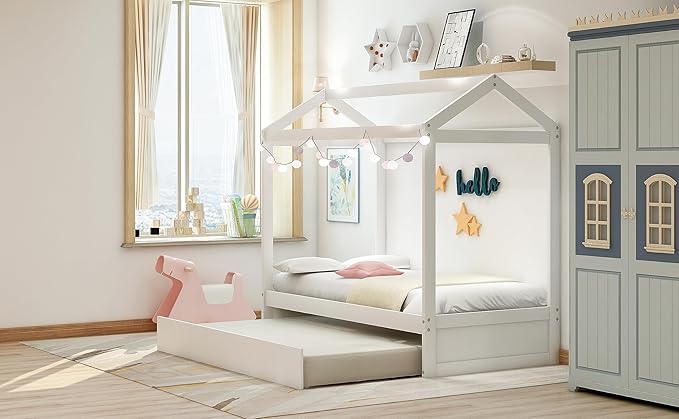 Merax House Bed with Trundle, Solid Wood Twin Size Daybed for Girls & Boys, Kids Platform Bed Frame with Roof for Bedroom, No Box Spring Needed, White