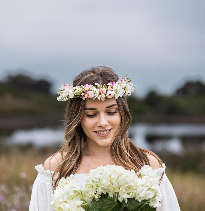 Vividsun Flower Crown Floral Wreath Headband Floral Crown Wedding Festivals Photo Props Headpiece (F/pink camellia)