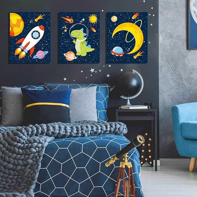 KAIRNE Outer Space Dinosaur Room Decor,Solar System Stars Wall Canvas Poster,Set Of 4 (12X16inch,framed) Planet Astronaut Art Print,Rocket Decor for Boys Room Toddler Kids Room Classroom Space Decor