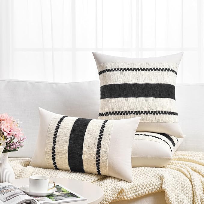 Fancy Homi Set of 2 Boho Black Decorative Throw Pillow Cover 20x20 Inch for Couch Bed Sofa, Aesthetic Modern Organic Farmhouse Home Decor, Soft Cotton Cute Accent Macrame Woven Cushion Case