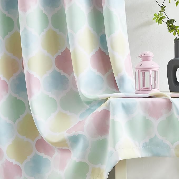 Kids Full Blackout Curtains 63 Inches Long for Juvenile Bedroom Multi-Color Moroccan Geo Window Curtain Panels Thermal Insulated Room Darkening Grommet Top Drapes, 52x63, Pink 2 Panels