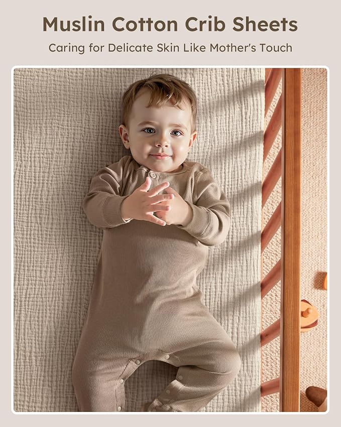 Muslin Crib Sheets for Boys Girls, 100% Cotton Fitted Crib Sheet 2 Pack for Standard Crib and Toddler Mattress, Breathable Soft Baby Sheet 28x52x8in Beige & Khaki