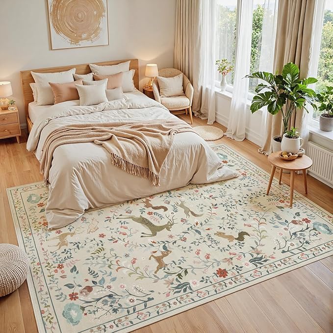 8x10 Area Rugs for Living Room Floral Animal Print Carpet Washable Non-Slip Large Rug Low Pile for Indoor Bedroom Dining Room Nursery Home Office Farmhouse Kids Play Room Beige
