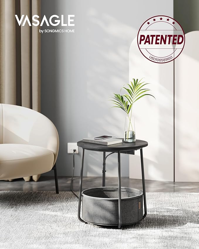 VASAGLE LILEA Collection - Side Table with Charging Station, Round End Table with Fabric Basket, Nightstand with USB Ports, for Living Room, Bedroom, Modern, Ebony Black and Slate Gray ULET228B01