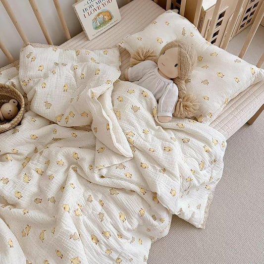 BuLuTu Baby Toddler Muslin Blanket| Crib Baby Quilts| Cot Comforter| Nursery Bed Throw Blanket| Toddler Quilt Blanket | Soft Breathable | Super Cute Duck Pattern| 60x78 Inch,2.5 Pounds