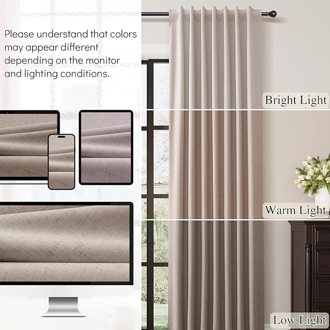 Guken Taupe Linen Blackout Curtains for Living Room 102 Inch Length 2 Panels Set Elegant Light Blocking Thermal Insulated Soundproof Back Tab Hook Belt Bedroom Dining Room Greige Beige 52x102