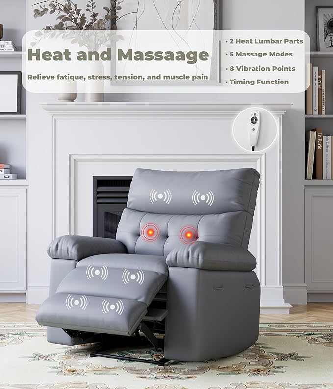 GarveeHome Oversized Wide Recliner Chair - Heat and Massage, PU Leather Extra Wide Manual Recliner for Adults, Large Lazy Chair with 1.5X Sponge Comfort Arm and Back for Living Room, Bedroom