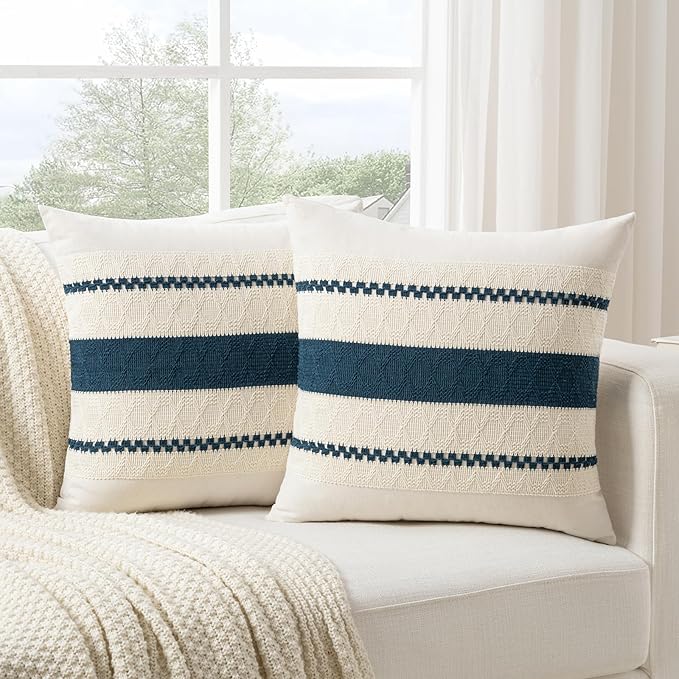 Fancy Homi Set of 2 Boho Teal Decorative Throw Pillow Cover 22x22 Inch for Couch Bed Sofa, Aesthetic Modern Organic Farmhouse Home Decor, Soft Cotton Cute Accent Macrame Woven Cushion Case